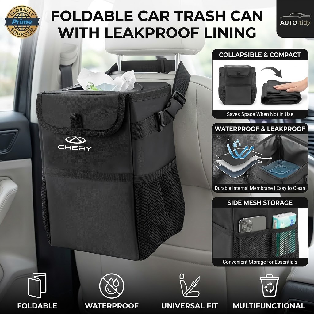 Waterproof Car Trash Can With Lid - ถังขยะในรถยนต์แบบพับได้ พกพาสะดวก ฝาปิดกันน้ำและกันรั่วซึม ความจุขนาดใหญ่ สำหรับ Chery
