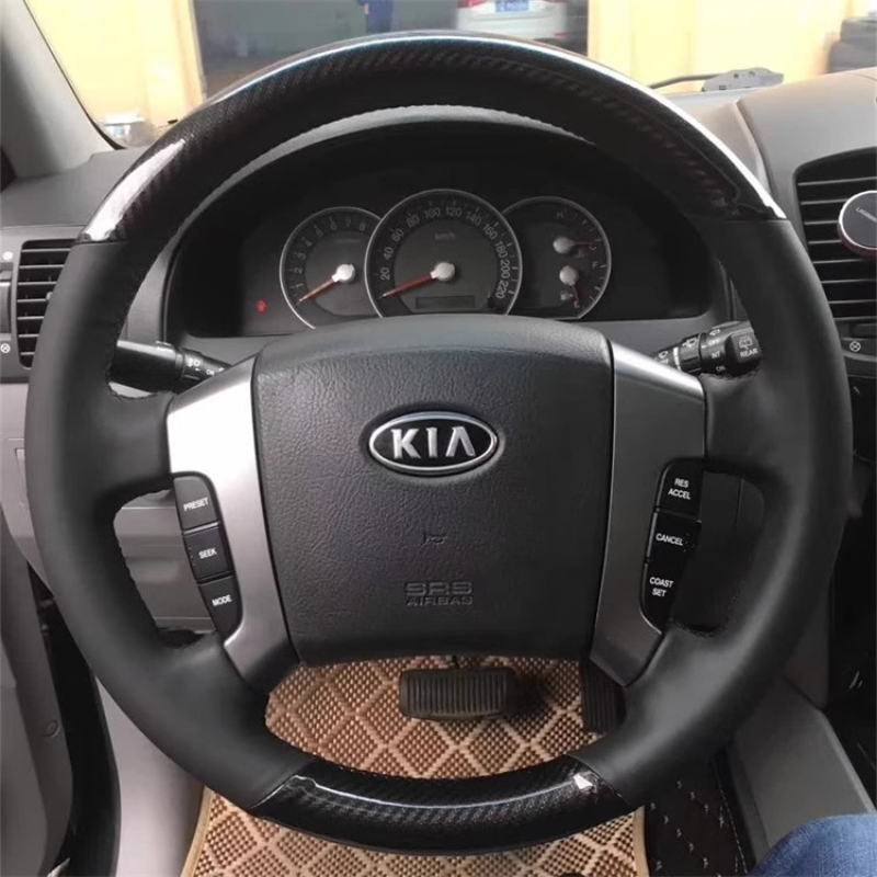 Car Steering Wheel Cover Anti Slip Breathable - สำหรับ Kia Sorento 2003-2009 ปลอกหุ้มพวงมาลัยรถยนต์หนังแท้คาร์บอนไฟเบอร์สีดำเย็บมือกันลื่น