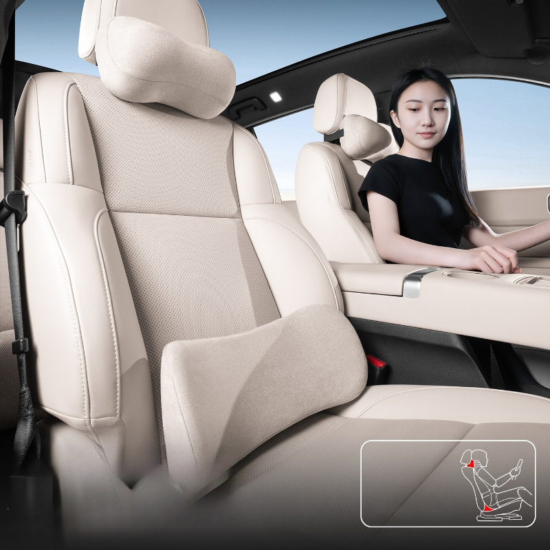 Memory Foam Car Neck Pillow Lumbar Support - ชุดหมอนรองคอและพนักพิงหลังในรถยนต์ ทำจากหนังกลับ พร้อมเมมโมรี่โฟมนุ่ม รองรับสรีระ สำหรับพักศีรษะและหลัง อุปกรณ์ตกแต่งภายในรถยนต์